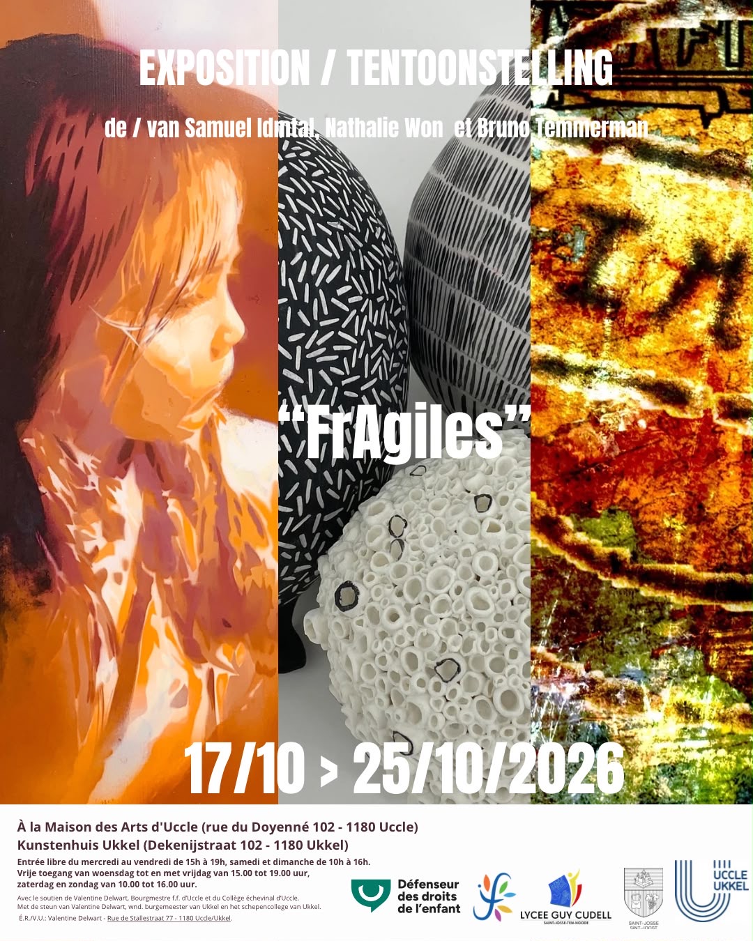 Affiche de l’exposition FrAgiles, réunissant les œuvres de Samuel Idmtal, Nathalie Won et Bruno Temmerman.